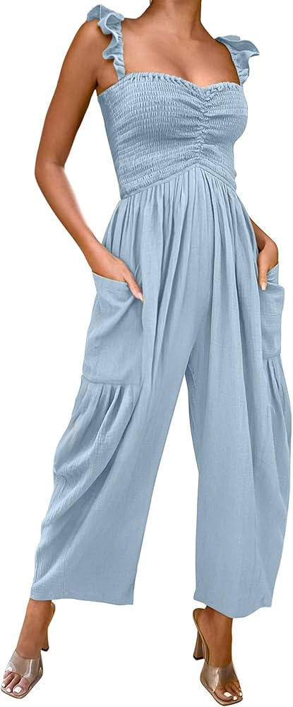ANRABESS Women Summer Casual Dressy Sleeveless Smocked Wide Leg Linen Jumpsuits Rompers Outfits w... | Amazon (US)