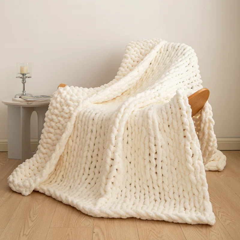 Chenille Chunky Knit Throw, Luxury Hand-Knitted Yarn Throw Blanket | Wayfair North America