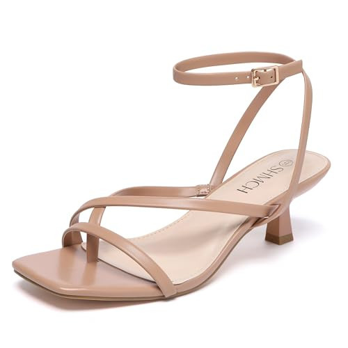 SHMCH Nude Kitten Heels for Women Square Open Toe Heeled Sandals Low Ankle Buckle Strap Flip Flop Heels for Summer Dress Sandals Nude Heels 10 | Amazon (US)