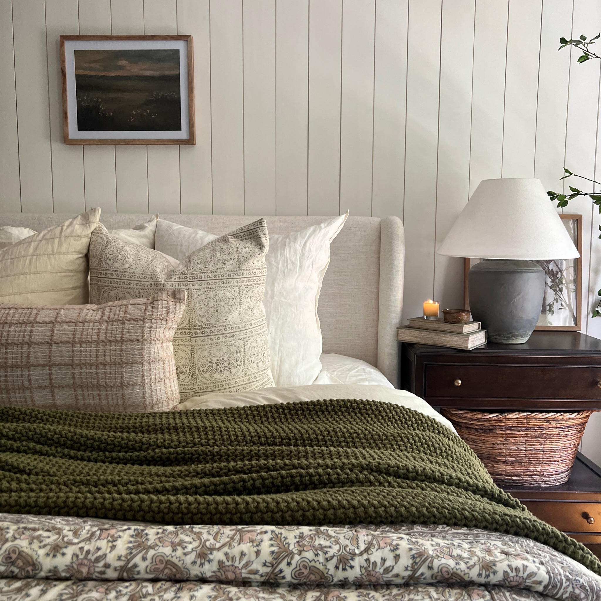 Bedroom inspo. Fisherman throw, vertical shiplap, brass hardware. Layered bedroom.