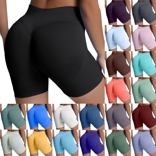 No Front Seam High Waisted Running Biker Gym Shorts Women Trendy Comfy Tummy Control Athletic Workout Leggings with Pockets Skinny Scrunch Butt Lifting Yoga Pants Black Shorts Women | Amazon (US)