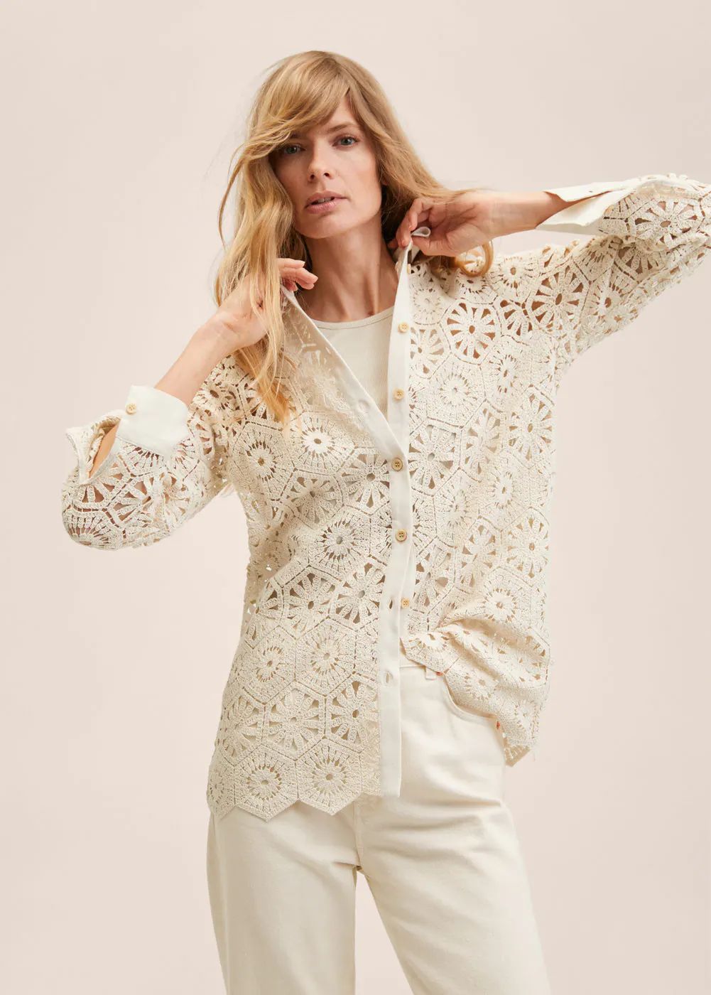 Crochet panels shirt -  Women | Mango USA | MANGO (US)