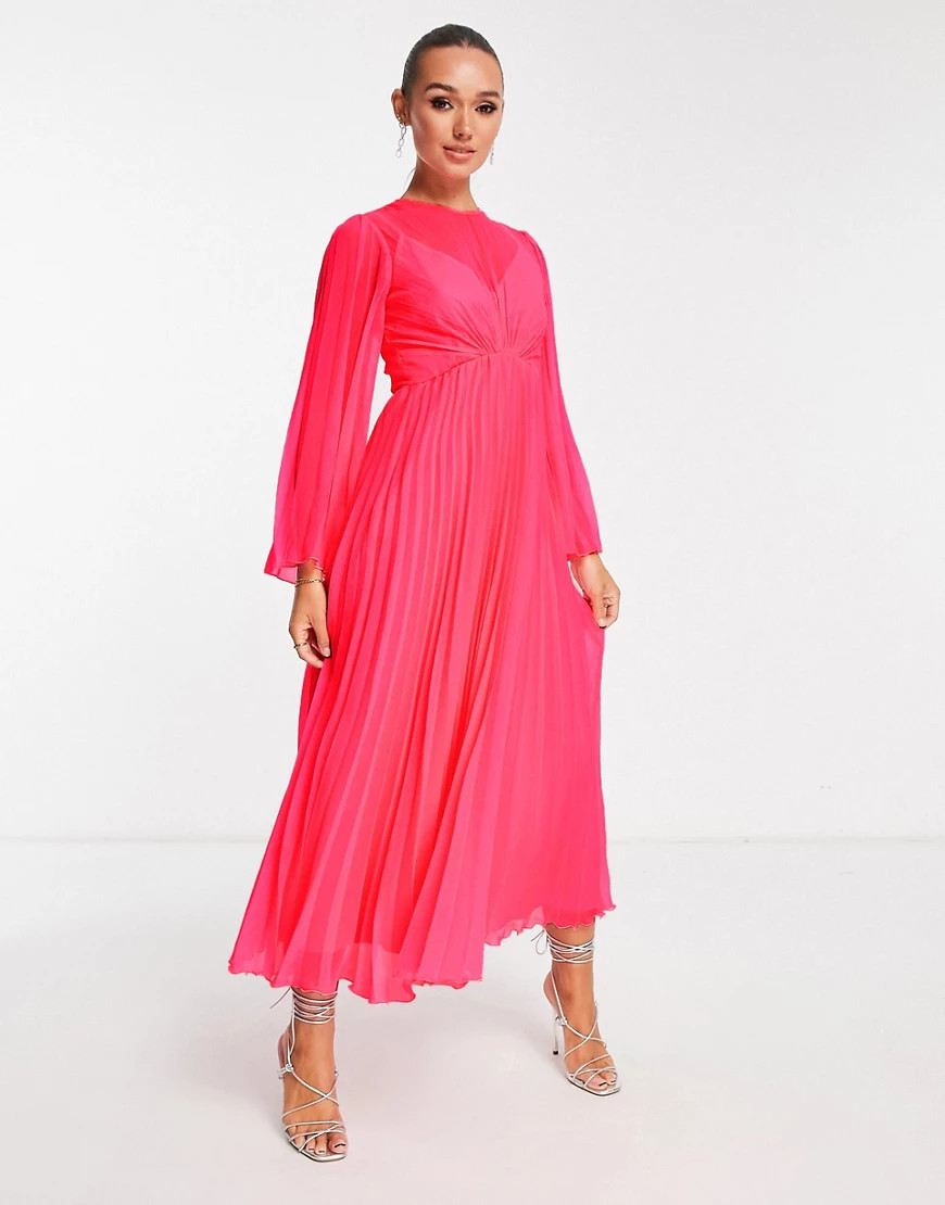 ASOS DESIGN tie back fluted sleeve pleated midi dress in fluro pink | ASOS (Global)