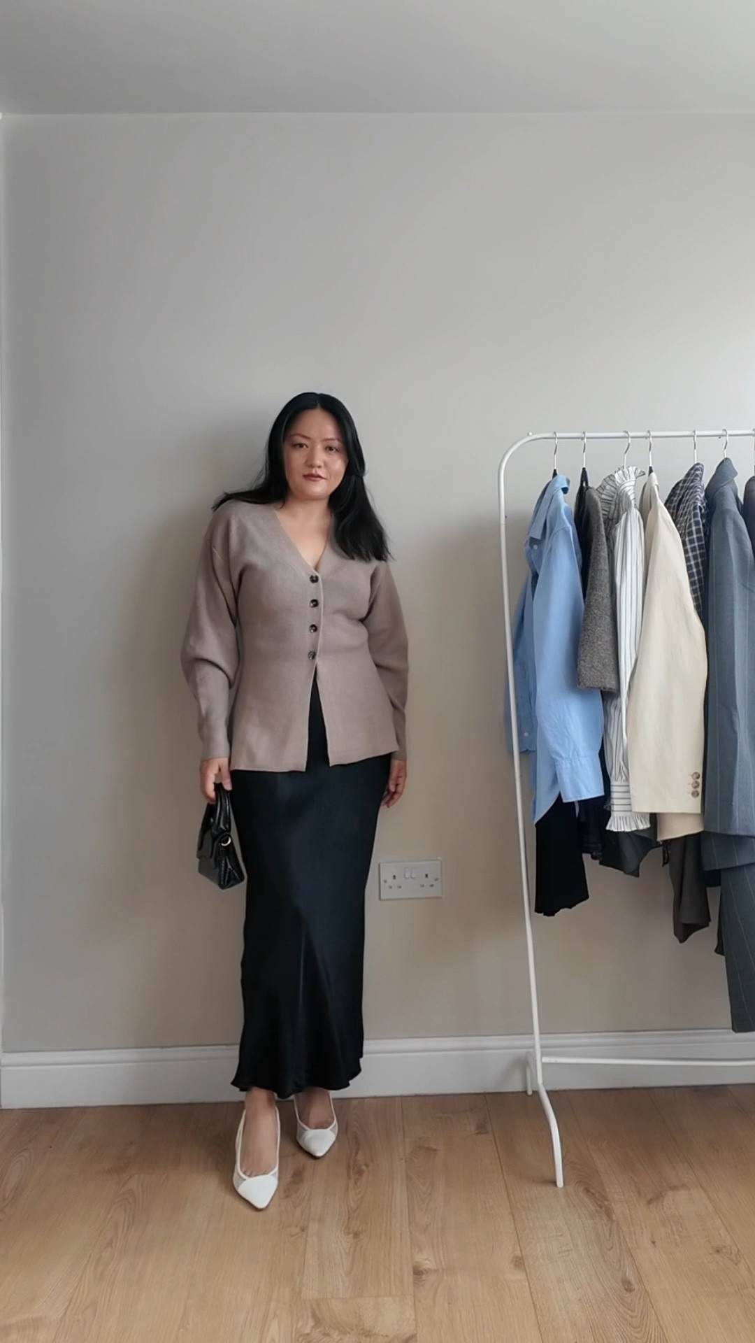 modest outfit, satin skirt, cardigan, cardigan styling, modest fashion, petite outfits, minimal styling 

#LTKuk #LTKeurope #LTKstyletip