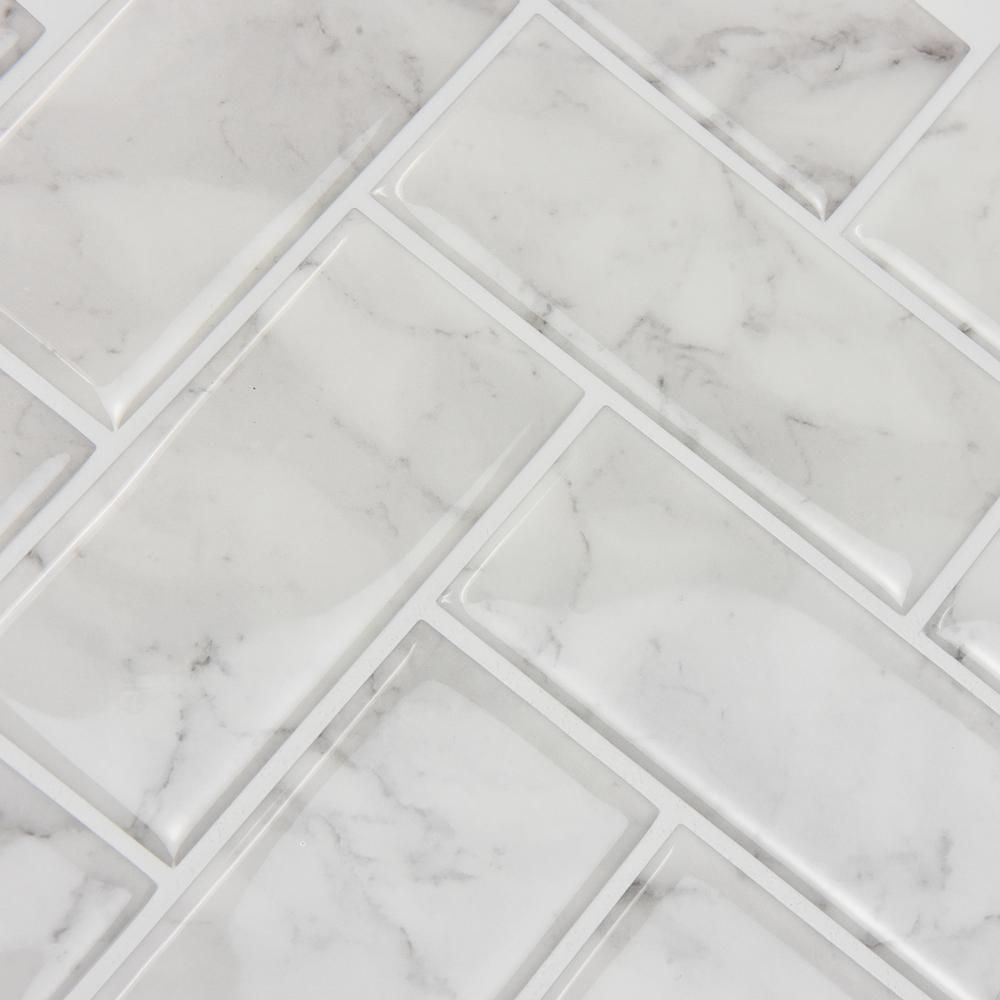 White Herringbone Carrara Peel Stick Backsplash Tiles | The Home Depot