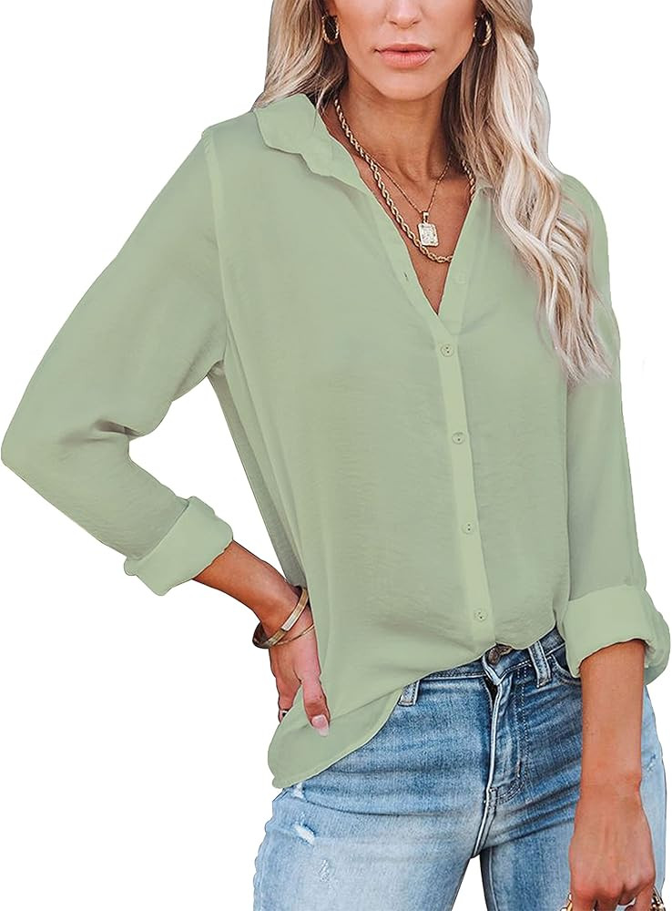 Diosun Womens Button Down V Neck Shirts Long/Short Sleeve Office Casual Business Plain Blouses To... | Amazon (US)