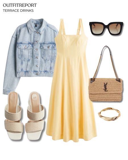 Denim jacket yellow maxi dress sandals heels 

#LTKshoecrush #LTKitbag #LTKstyletip