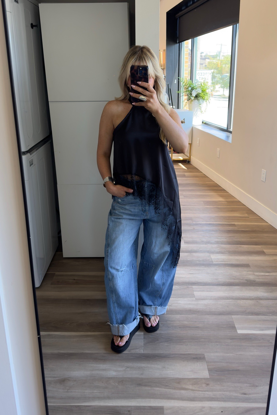Black Satin Halter Top Y2K Mock Neck Lace Trim Asymmetrical  Sleeveless size medium 
Barrel jeans size 6 (linked similar and I cuffed them to give a different look) 
Platform black flip flops size 8

#LTKdayinmylife #LTKWorkwear #LTKootd