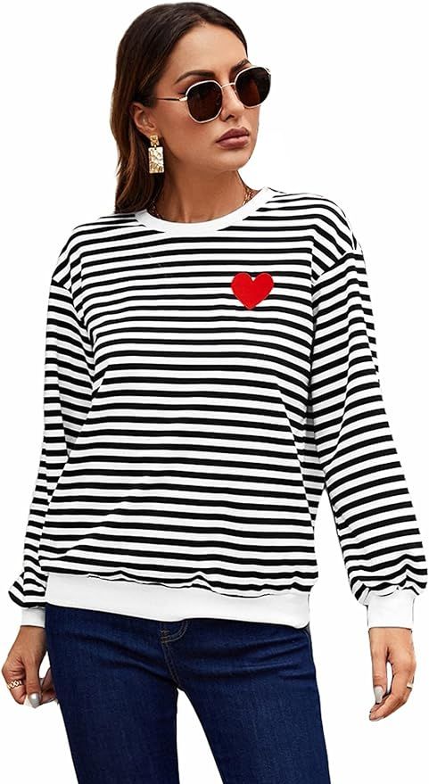 SOLY HUX Women's Striped Sweatshirt Long Sleeve Crewneck Heart Embroidery Pullover Tops | Amazon (US)