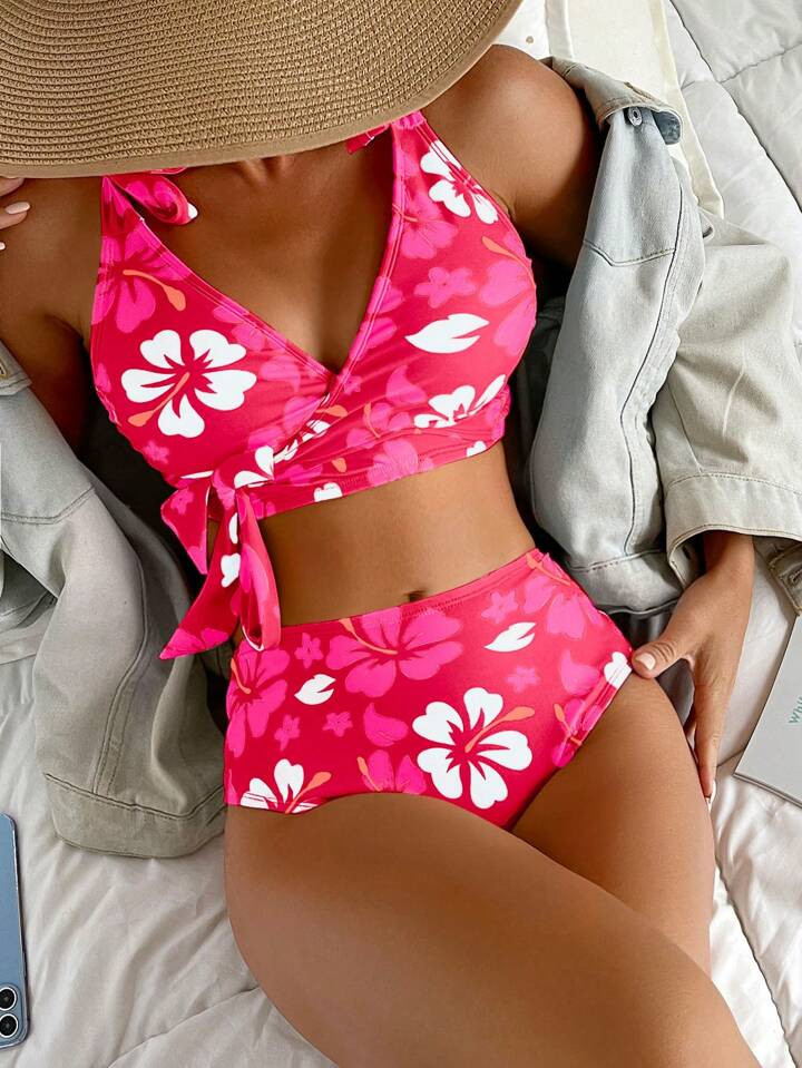 SHEIN Swim Summer Beach Floral Print Knot Side Bikini Set | SHEIN