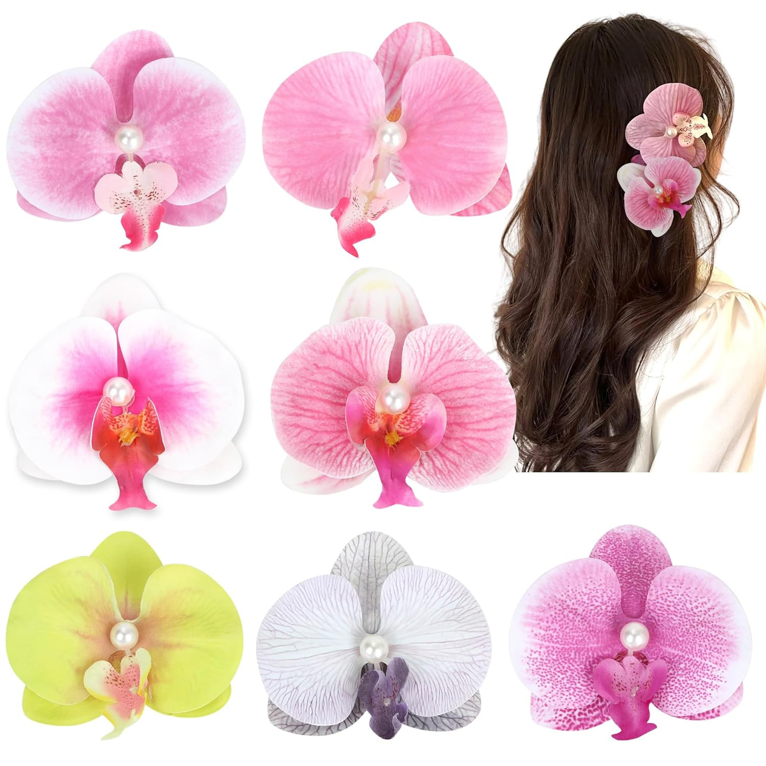 Hawaiian Flower Hair Clips 4 Inch Butterfly orchid Artificial Tropical Flower Hair Pins 7 Pieces ... | Amazon (US)