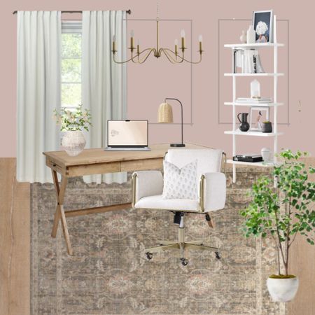 Wall color is Pink Drab by Farrow and Ball 

Girly, pink, romantic Office design board, wood desk, gold chandelier, neutral curtains, target home decor, white ladder bookshelf, home office design, blush and sage rug

#LTKunder50 #LTKunder100 #LTKhome