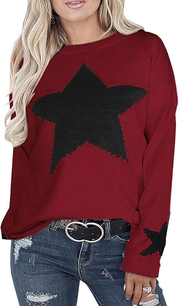 shermie Women's Long Sleeve Crew Neck Pullover Sweaters Star Graphic Knitted Casual Sweater | Amazon (US)