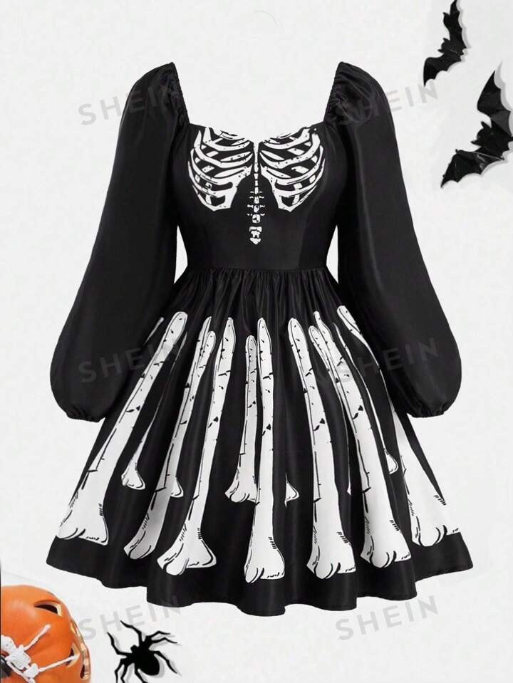 PUNK Plus Size Gothic Punk Rock Skull Print Fit And Flare Lantern Sleeve Dress | SHEIN USA | SHEIN