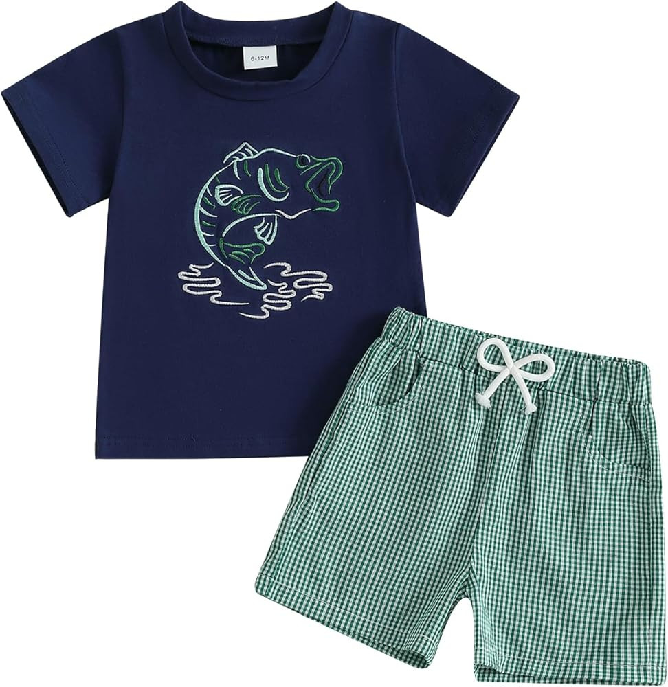 Boys Summer Shorts Sets Short Sleeve O Neck Fish Embroidery Tops And Striped Shorts Toddler Boy C... | Amazon (US)