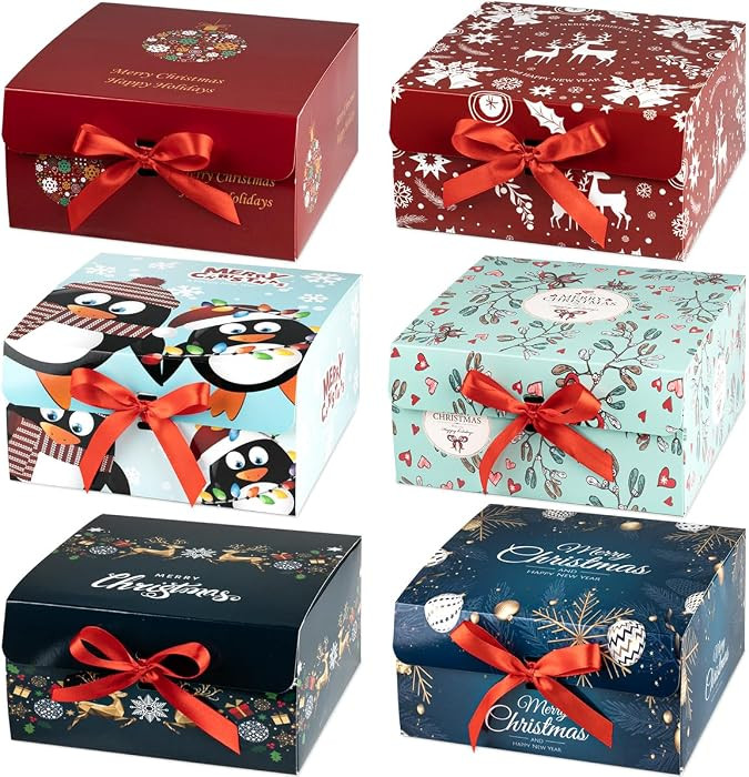 ARTLYMERS Christmas Gift Boxes with Lids, 6 Pack Gift Box and Red Ribbon Christmas Themed Pattern... | Amazon (US)