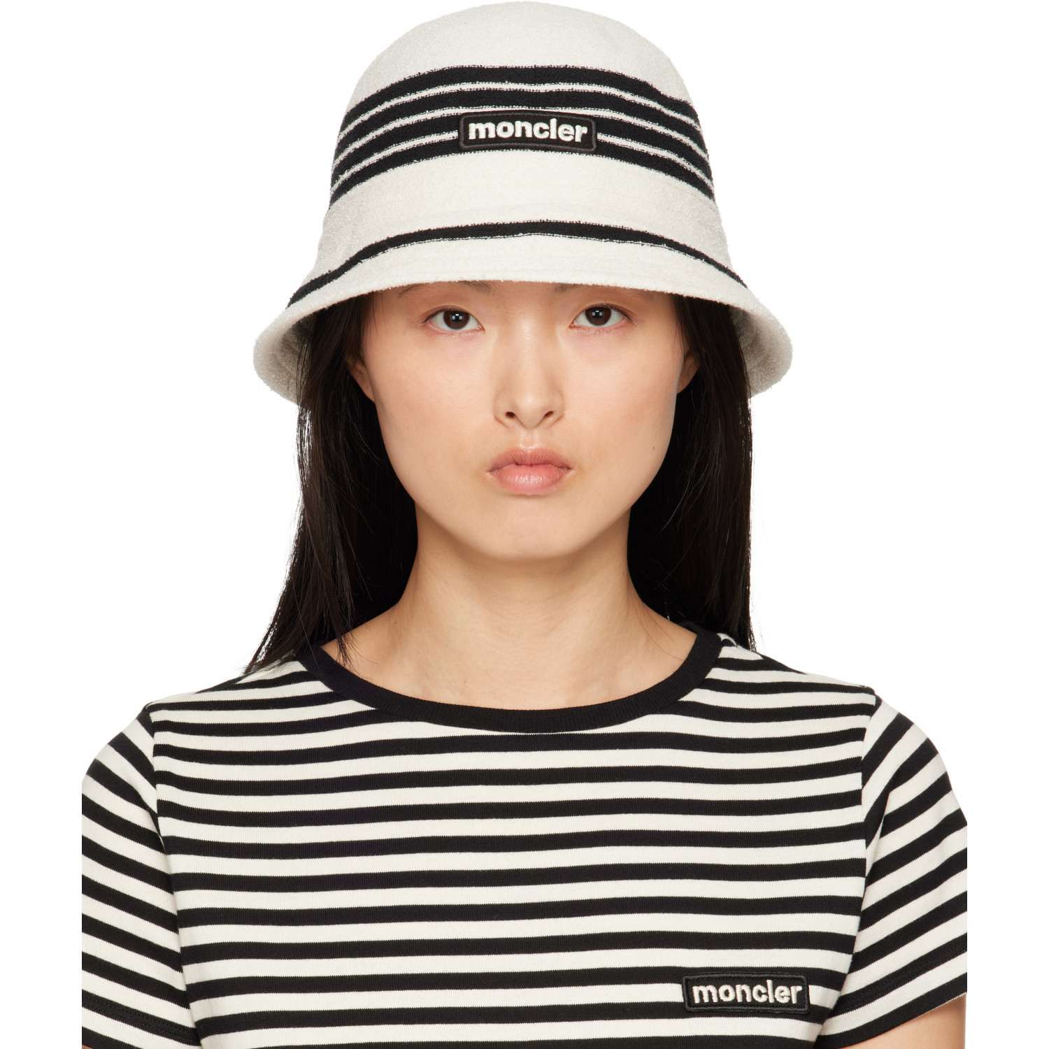 Moncler Off-White & Black Striped Bucket Hat | SSENSE