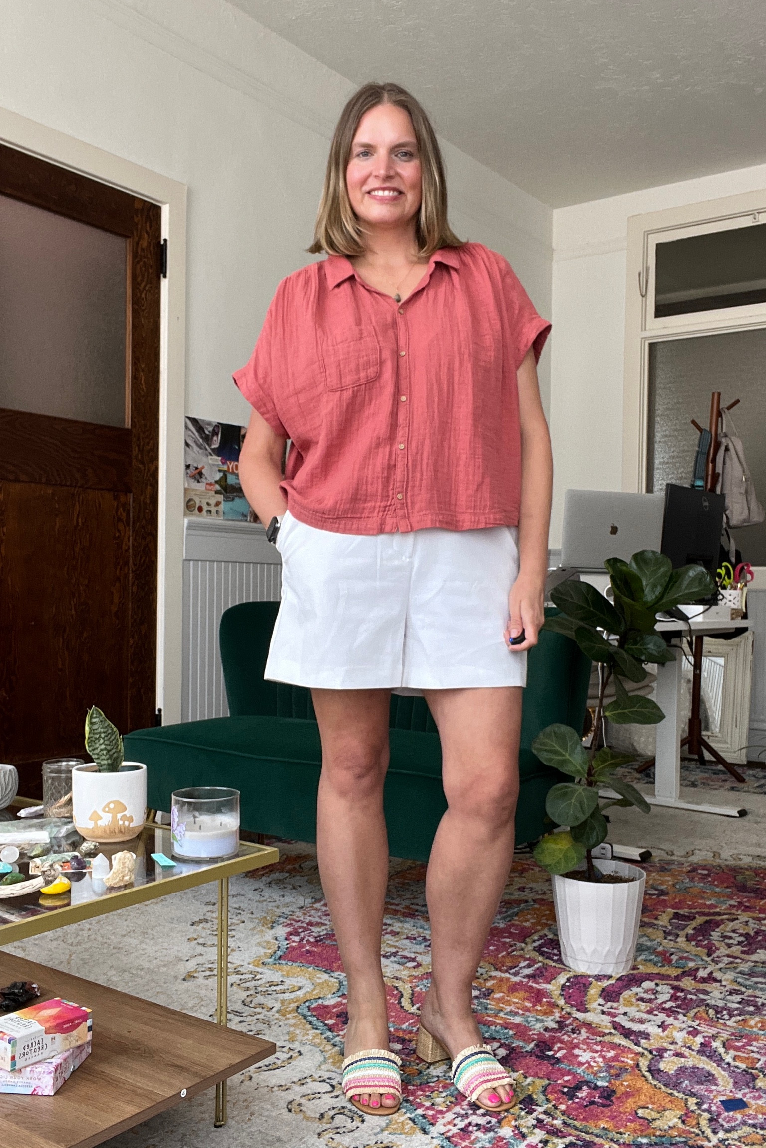 Summer outfit code: bright button down, white trouser shorts and colorful heels  

#LTKstyletip #LTKmidsize #LTKSeasonal