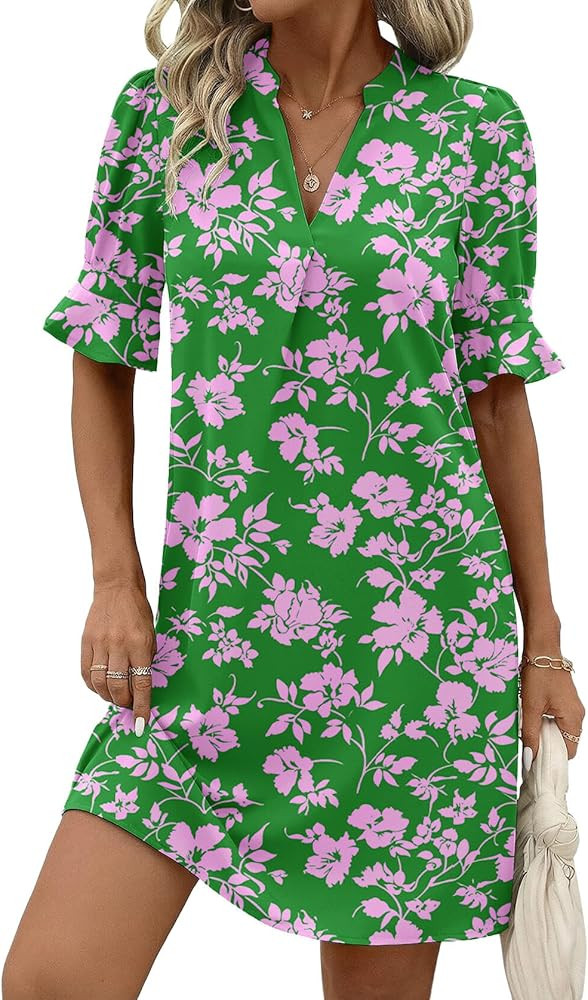 Zeagoo Summer Dresses for Women 2026 V Neck Ruffle Sleeve Casual Shift Dress Hawaiian Sundress Be... | Amazon (US)