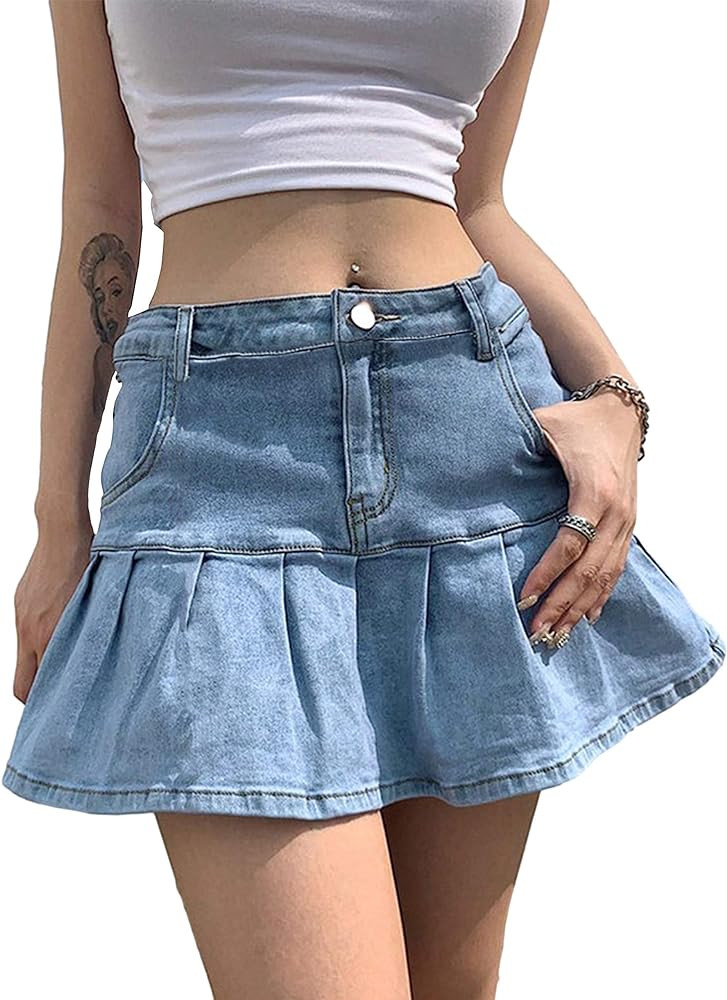 Tanming Women's Pleated Jean Skirt Casual A-Line Ruffle Y2K Mini Denim Skirt | Amazon (US)