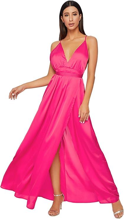 SheIn Women's Sexy Satin Deep V Neck Backless Maxi Party Evening Dress | Amazon (US)