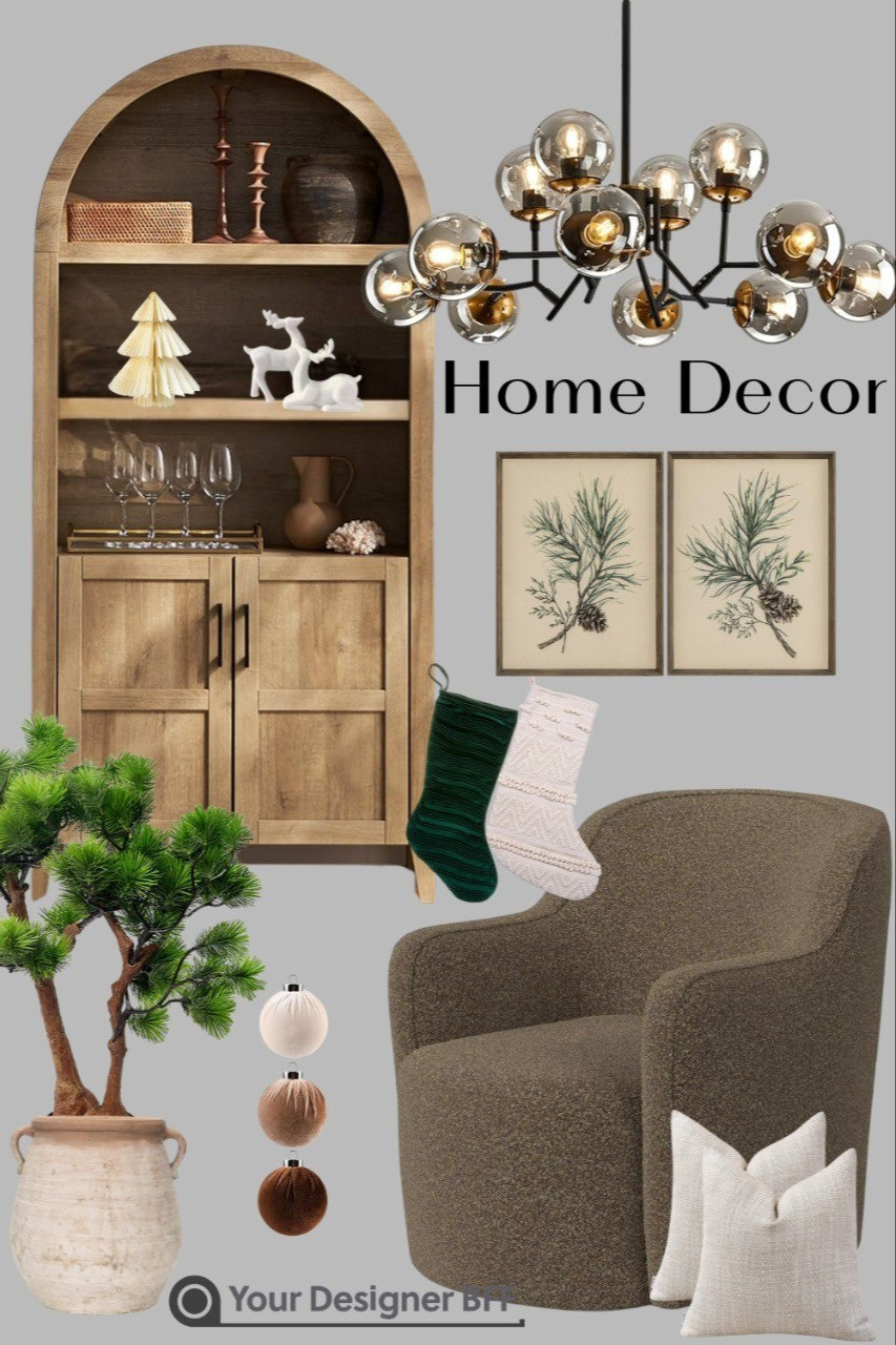 Apholstered Accent Chair, Artificial Tree, Arched Cabinet, Christmas Stocking, Chandelier, Terracotta Urn, Porcelain Christmas Reindeer, Velvet Christmas Tree Ornament, Wall Art, Honeycomb Tree, Throw Pillow. 

#LTKHome #LTKSeasonal #LTKHoliday