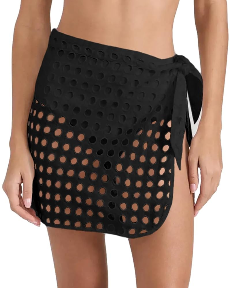 Saodimallsu Women's Crochet Cover Up Skirt 2025 Beach Mesh Slit Tie Waist Mini Wrap Skirts Pareo ... | Amazon (US)