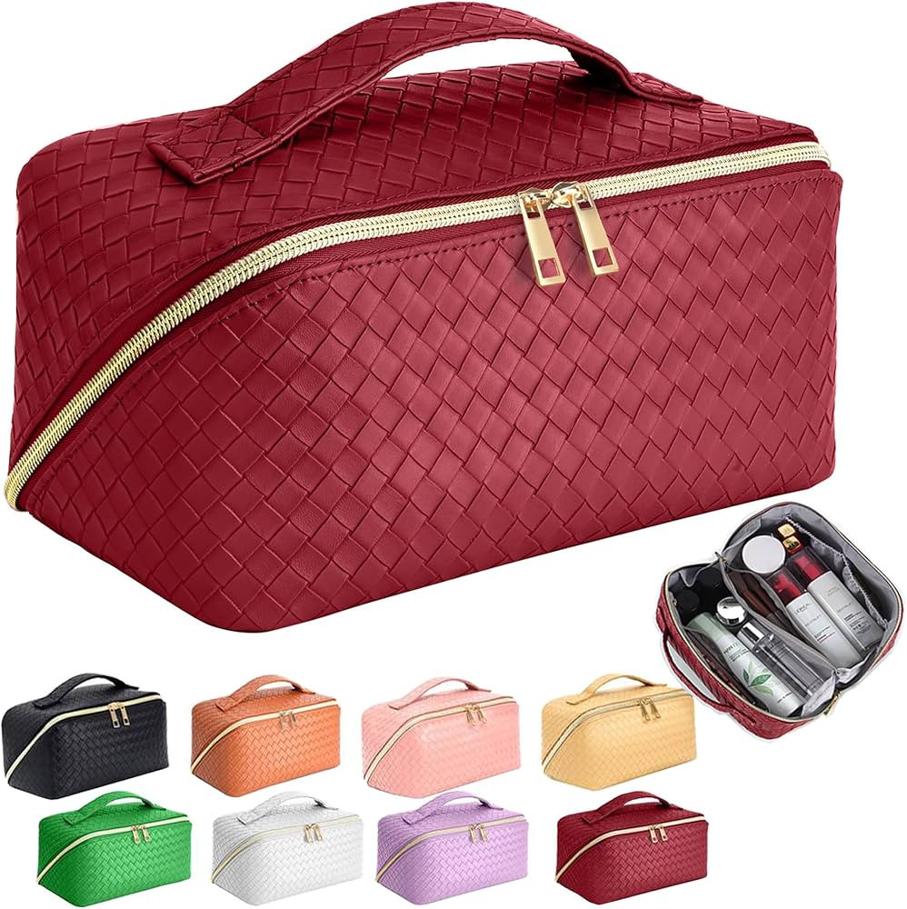 Large Capacity Travel Cosmetic Bag - Makeup Bag, Portable Leather Waterproof Women Travel Makeup ... | Amazon (US)