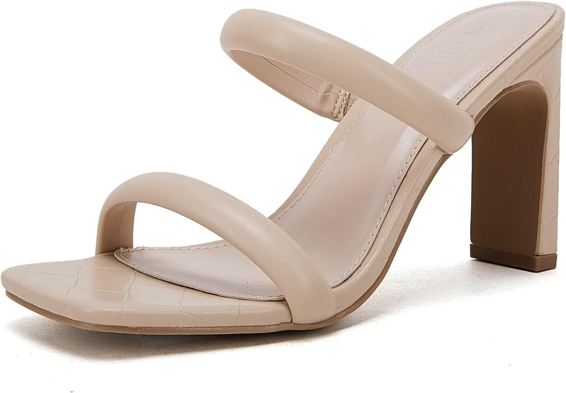 Womens Square Open Toe Heeled Sandals Two Strap high Heel Backless Dress Slip On Mules | Amazon (US)