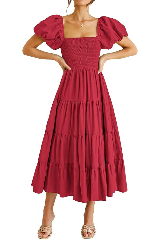 PRETTYGARDEN Women's 2025 Summer Casual Midi Dress Puffy Short Sleeve Square Neck Smocked Tiered ... | Amazon (US)
