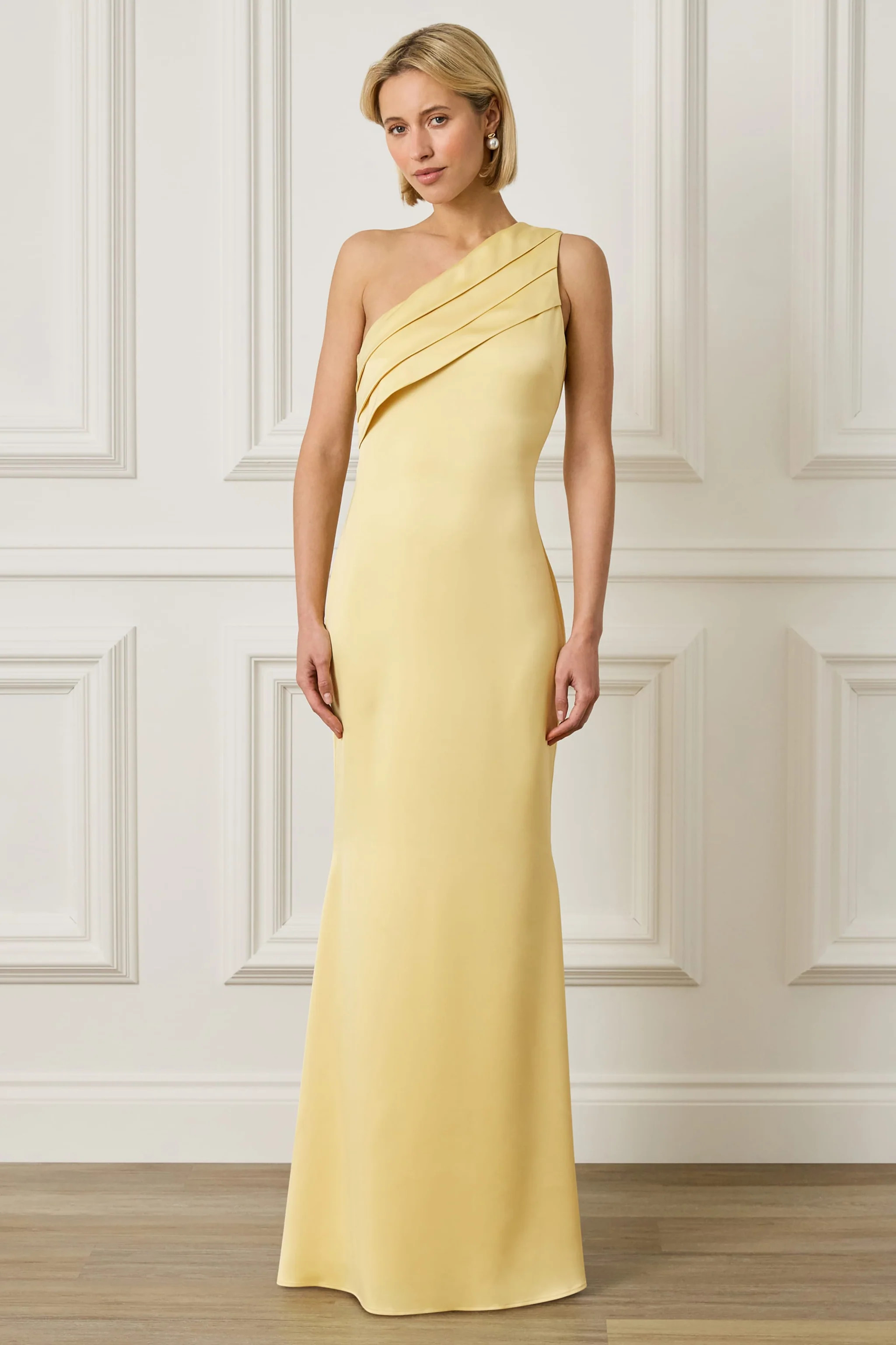 SADIE Asymmetric Pleated Satin Maxi Dress in Yellow | Lavish Alice Retail Ltd