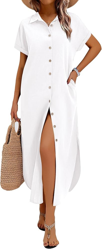 Zeagoo Womens Dresses Casual Summer Short Sleeve Button Down Long Shirt Dresses Swimsuit Beach Co... | Amazon (US)