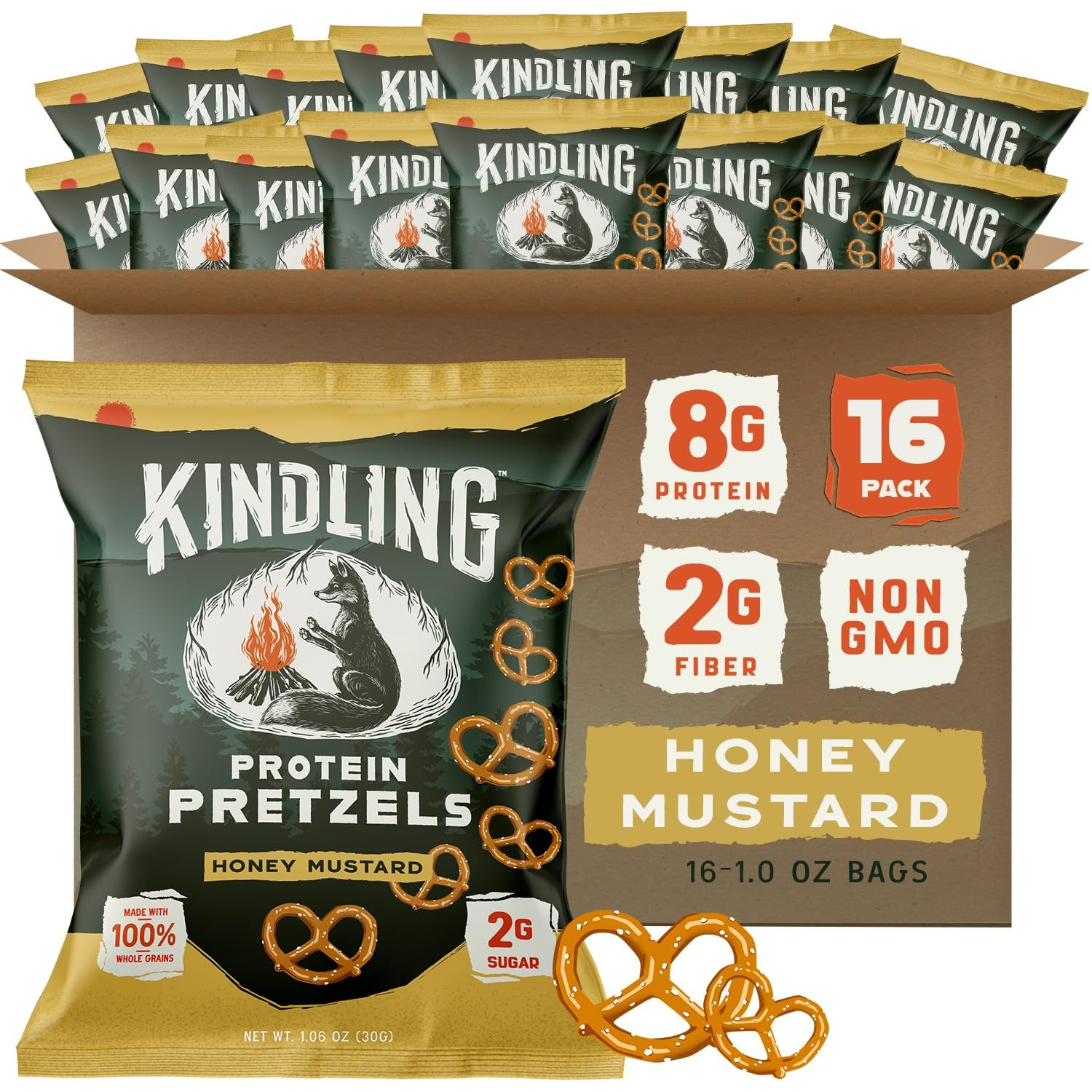 Kindling Protein Pretzels - Honey Mustard | Protein-Packed Snack Size Bags | Kosher | 8-9g Protei... | Amazon (US)