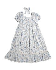 Girls Puff Sleeve Shiffli Maxi Dress With Hair Bow | TJ Maxx