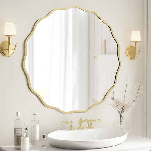 WallBeyond Round Wavy Mirror for Wall Decorative 28 inch, Modern Round Mirror Aluminum Frame for Bathroom Bedroom Living Room Home House Office Entryway, Gold | Amazon (US)