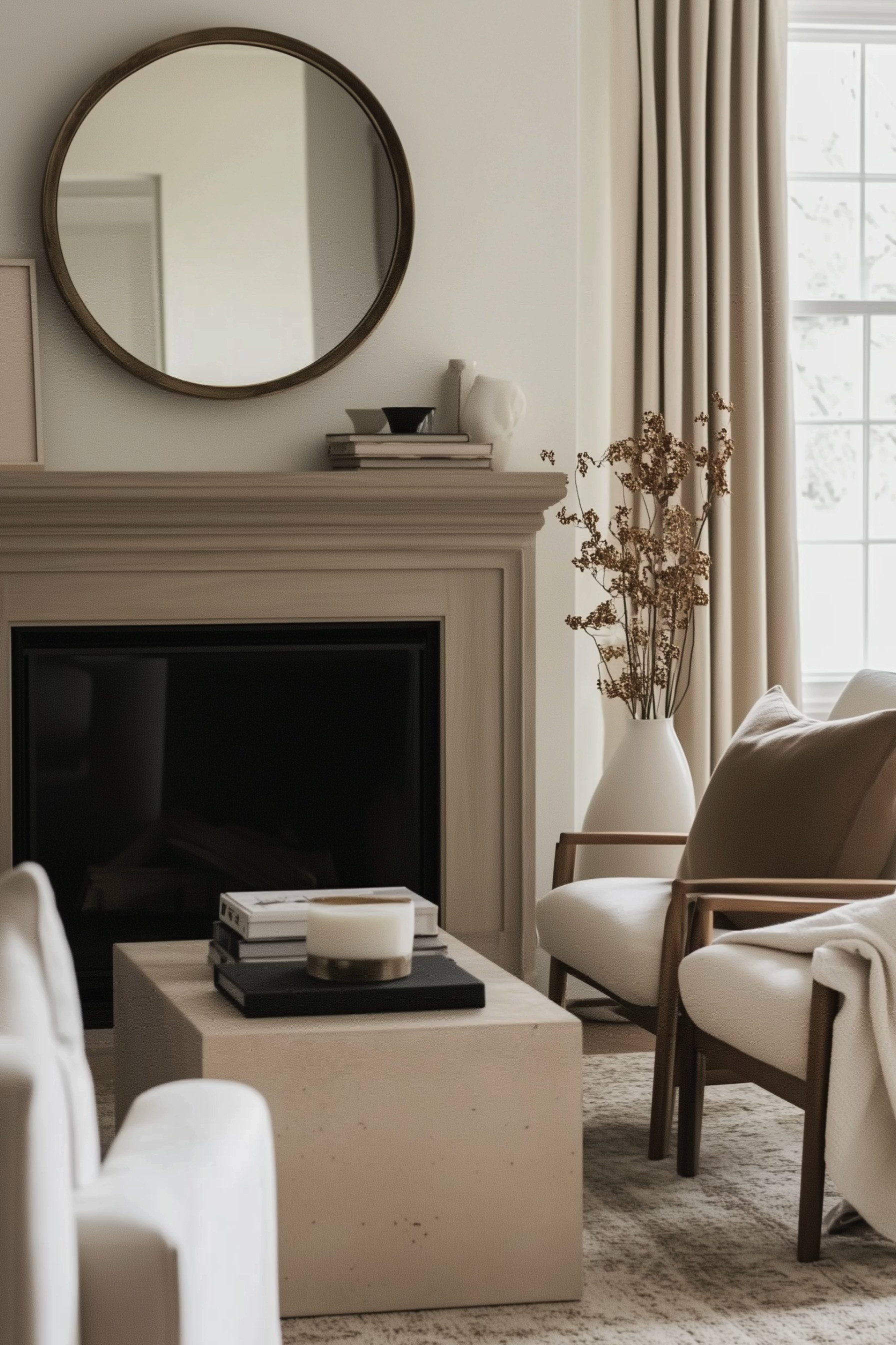 Neutral Fall Living Room Inspiration 🤍 This serene living room layers warm ivory, soft taupe, natural wood, and creamy textures for a timeless organic modern look. The classic fireplace and round bronze mirror create an elegant focal point, while upholstered wood-frame accent chairs, floor-to-ceiling neutral curtains, a sculptural stone coffee table, vintage-inspired rug, ceramic vase, dried branches, and stacked coffee table books add warmth and dimension. Minimal styling and a soft tonal palette give this space a quiet luxury feel that’s perfect for a cozy fall living room refresh.

🖤 If you want to see more content like this, FOLLOW maeveandmodern on LTK, Instagram, and Pinterest! Check out our blog where we post daily, maeveandmodern.com!

Neutral Living Room | Fall Living Room Decor | Cozy Fall Home | Organic Modern Living Room | Quiet Luxury Interiors | Warm Neutral Decor | Cream Living Room | Ivory Home Decor | Transitional Living Room | Fireplace Decor | Fall Mantel Decor | Round Wall Mirror | Bronze Mirror | Neutral Accent Chairs | Wood Frame Chair | Stone Coffee Table | Coffee Table Styling | Neutral Curtains | Floor to Ceiling Curtains | Ceramic Vase | Dried Branches | Neutral Area Rug | Minimalist Home Decor | Designer Living Room | Cozy Neutral Home#LTKFindsUnder100

#LTKHome #LTKSaleAlert #LTKSeasonal #LTKHome #LTKSaleAlert
