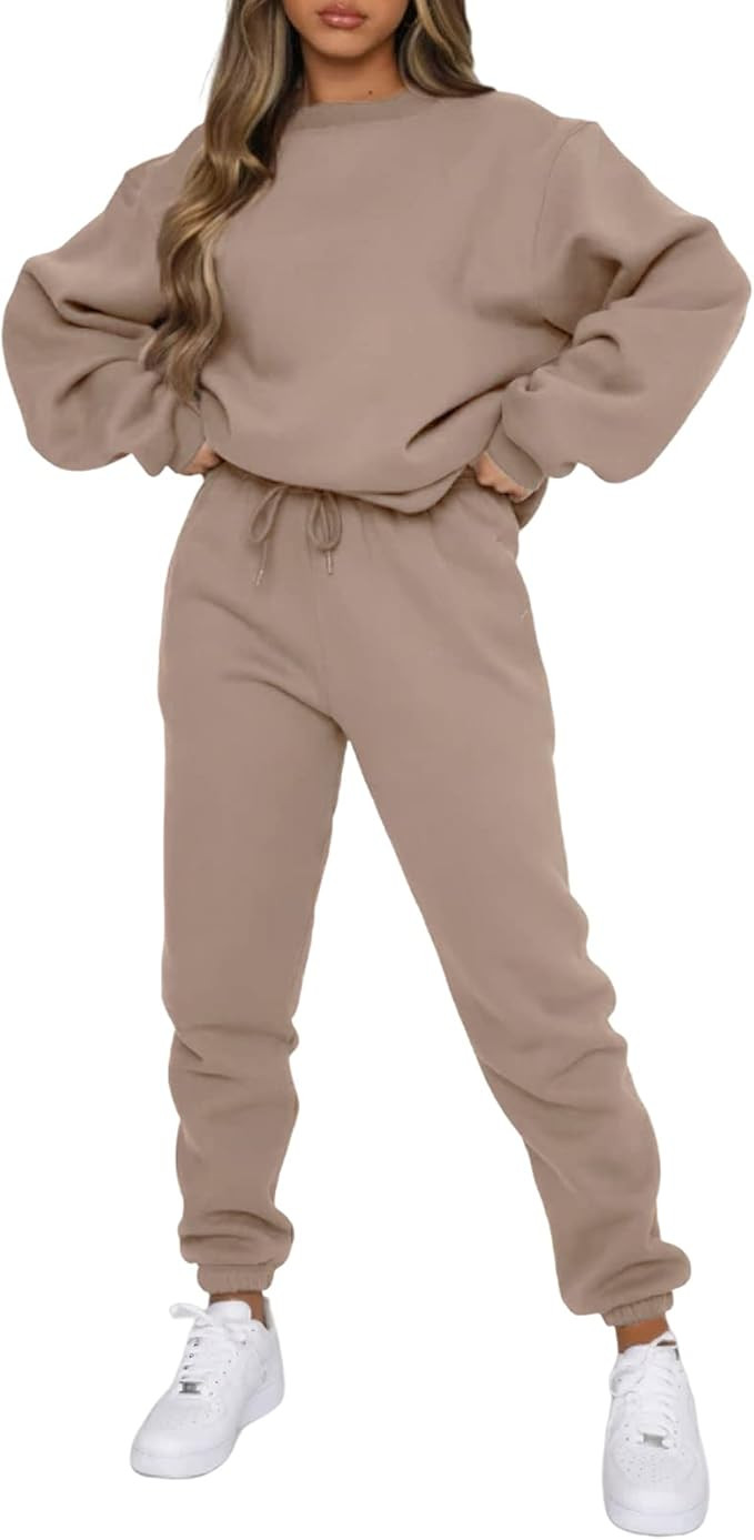 Viatabuna Women's 2 Piece Fleece Sweatsuit Outfit Long Sleeve Crewneck Pullover Sweatshirt Drawst... | Amazon (US)
