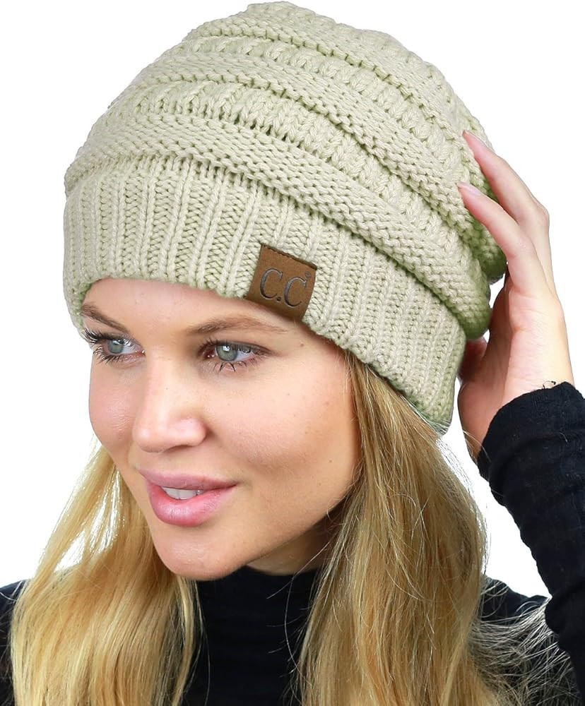 C.C Unisex Chunky Soft Stretch Cable Knit Warm Fuzzy Lined Skully Beanie | Amazon (US)