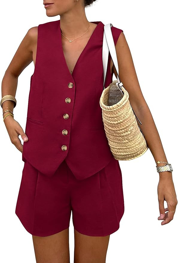PRETTYGARDEN Women's Summer 2 Piece Outfits Sleeveless Matching Sets Button Down V Neck Vest Wais... | Amazon (US)