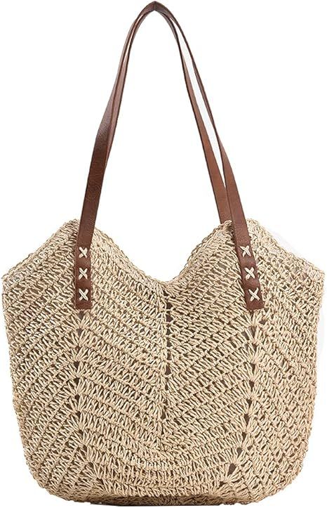 Straw Bag for Women Summer Beach Bag Soft Woven Tote Bag Large Rattan Shoulder Bag for Vacation | Amazon (US)