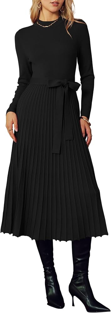 Arach&Cloz Women's Wool Blend Mock Neck Tie Waist Fall Winter Pleated Sweater Dress 2026 | Amazon (US)