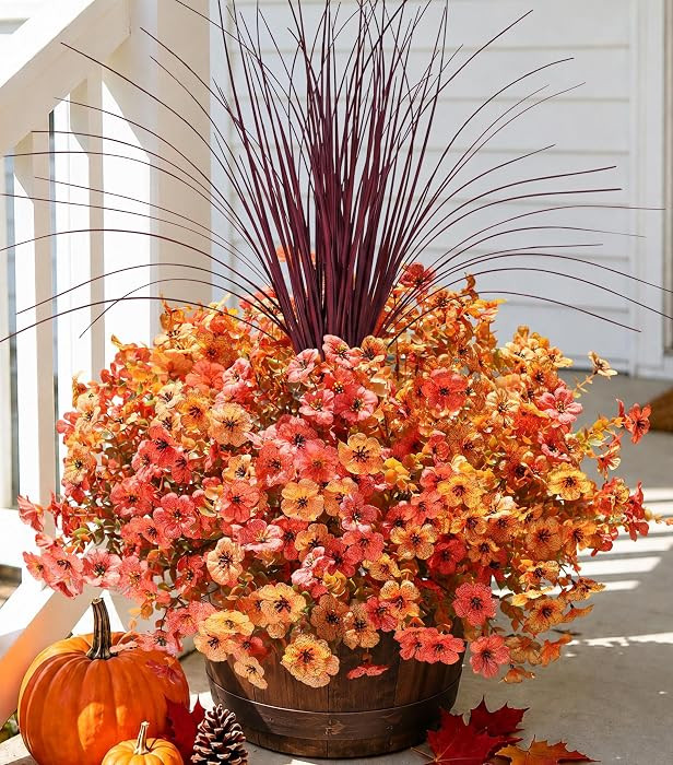 Fall Flowers Artificial Mums for Outdoors Autumn Decor, 12 Bundles Fake Fall Mums with 1 pcs Burg... | Amazon (US)