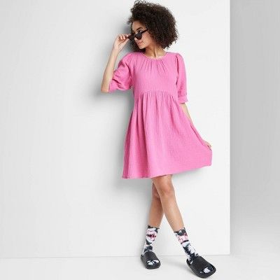Women's Ascot + Hart Puff Elbow Sleeve Graphic A-Line Dress - Pink | Target