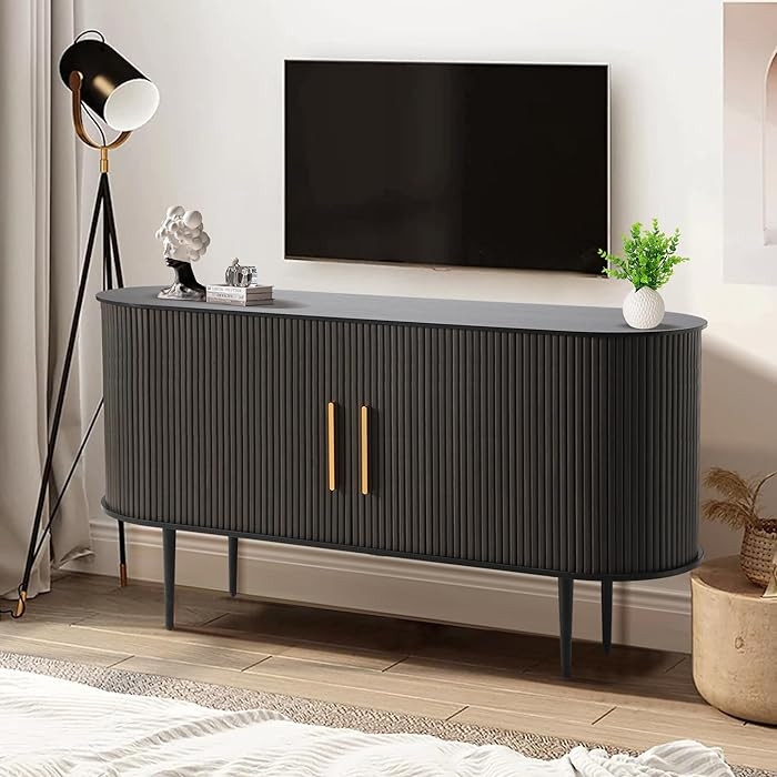 55" Fluted Buffet Cabinet with Storage, Tambour Sideboard Cabinet with Slide Doors, Wood Modern S... | Amazon (US)