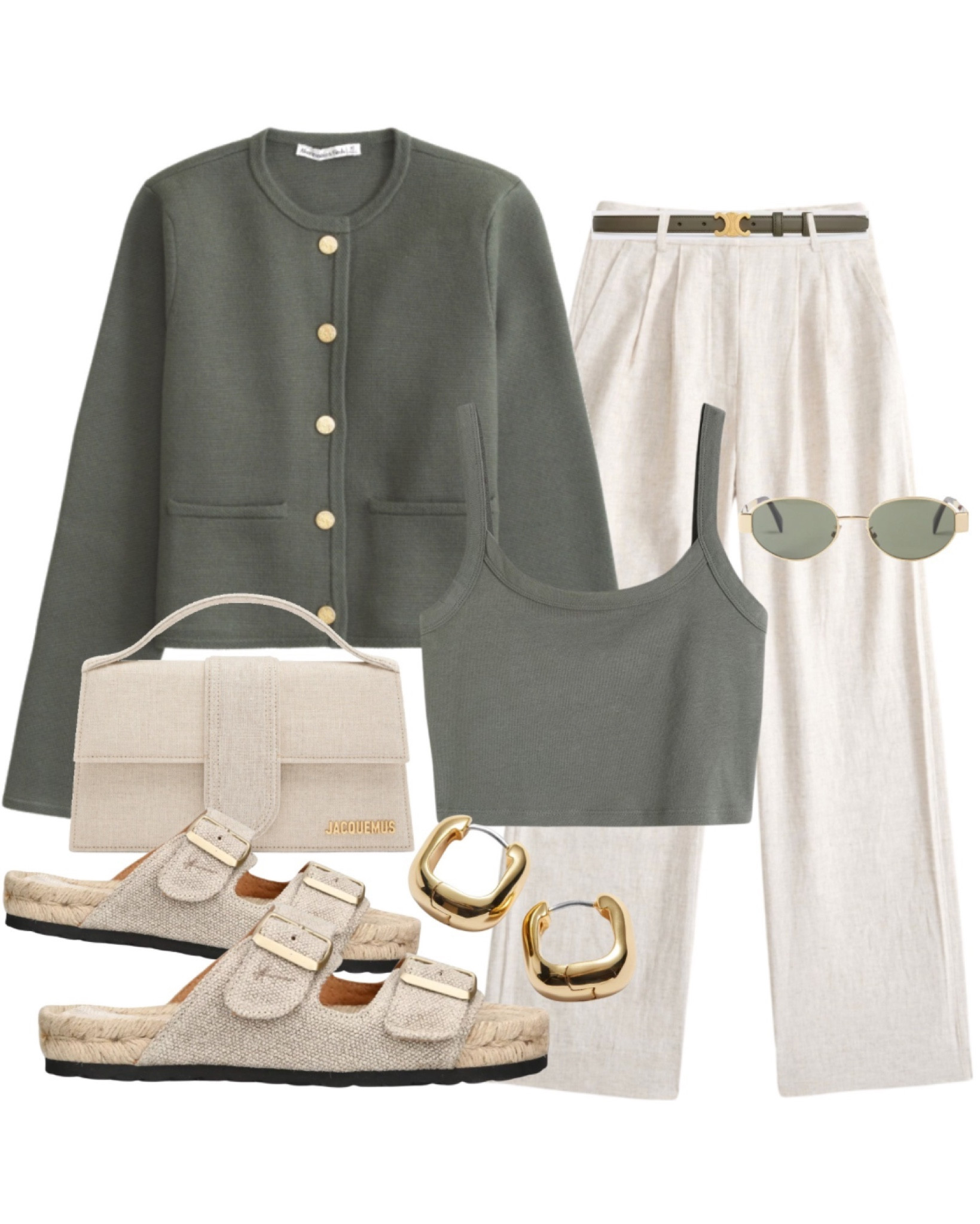 Green cardigan with gold buttons, tailored linen trousers, green strappy crop top, linen espadrille sandals, gold hoop earrings, jacquemus bag & celine sunglasses. Summervoytfit, smart casual outfit, classy street style, French chic, casual chic, old money, Abercrombie fashion.

#LTKstyletip #LTKsummer #LTKeurope