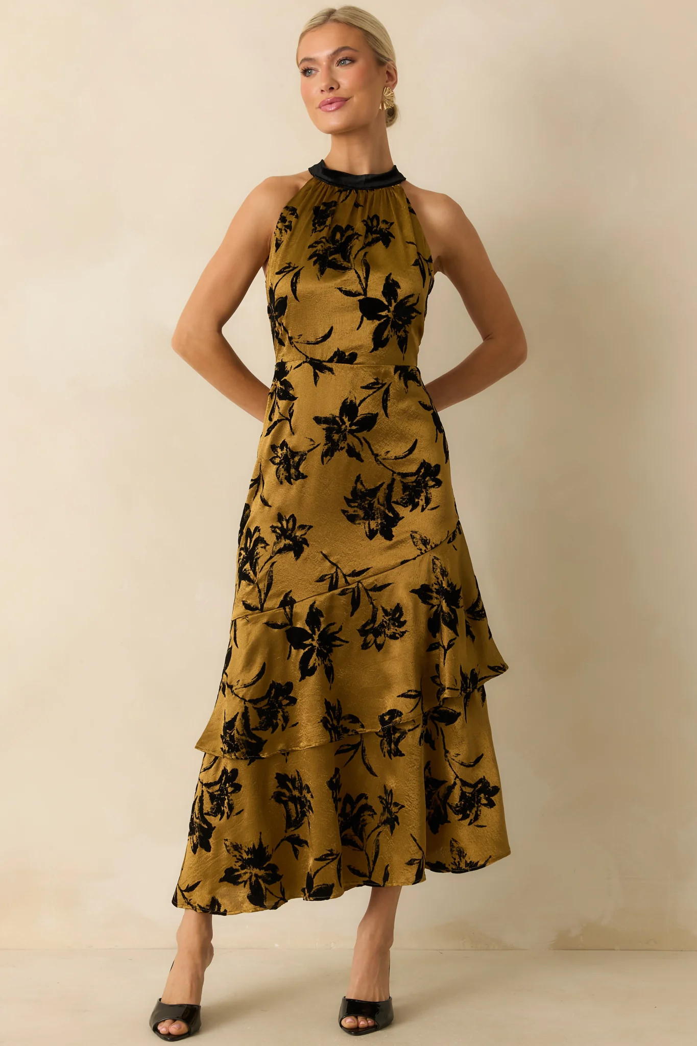 Sweet Recollection Dark Gold Floral Satin Maxi Dress | Red Dress