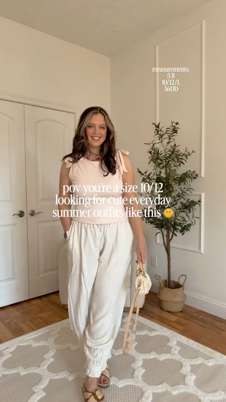 Adorable tie top and cute loose fit linen pants! 🙌🏻 🩷✨ Easy, comfy, neutral summer outfit that you can dress up with fun accessories! Follow @maciejade for more midsize fashion & style! 

midsize fashion | summer outfit | linen pants | size 10 | size 12 | linen pants outfit | midsize style | style over 30 | easy outfit

#LTKootd #LTKSeasonal #LTKMidsize