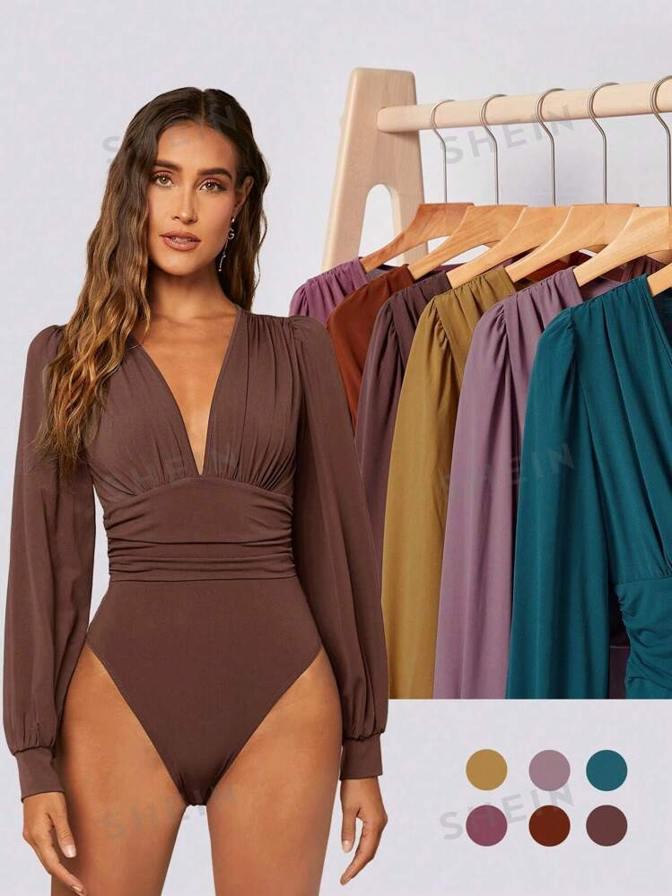 SHEIN BIZwear Ruched Lantern Sleeve Bodysuit Workwear | SHEIN