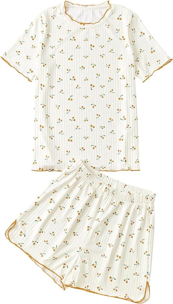 LYANER Women's Knit Pajamas Set Print Pleated Short Sleeve Shirt with Shorts Set PJs Loungewear | Amazon (US)