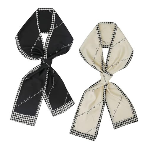 vimate Houndstooth Silk Scarf -Women's Skinny Black White Satin Scarf for Neck Fashion Purse Scarf for Bag Handle Accessories Hairscarf Hairband(Style 73) | Amazon (US)